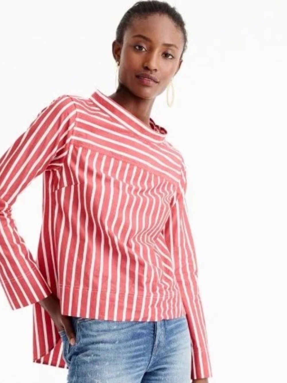 J.CREW Womens Funnel Neck Striped Shirt Red 6 Long Sleeve Button High Low Hem
